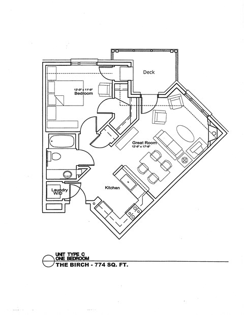 A black and white drawing of a house plan with a deck, bedrooms, a great room, a laundry room, and a kitchen.